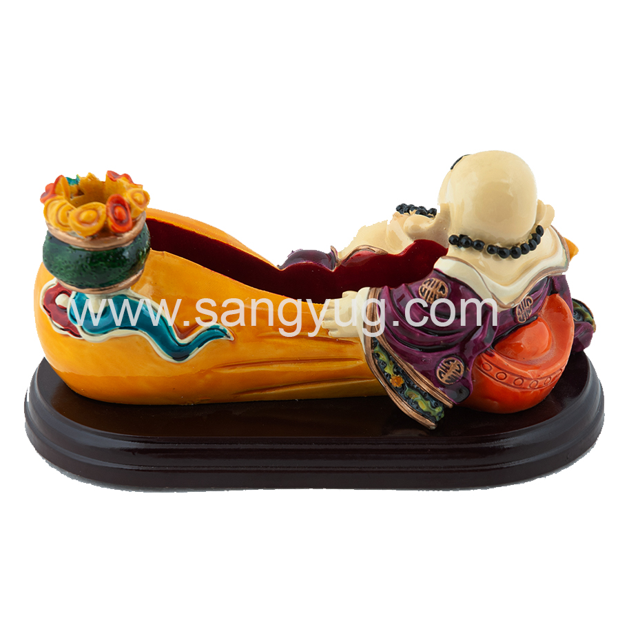 Colorful Laughing Buddha Sitting on Wooden Base - Image 2