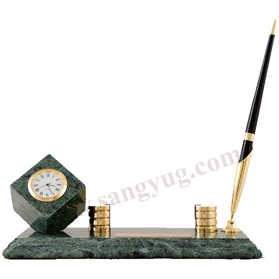 Desk Set Marble With Clock On Cube On One Side + Memo Holder W/1 Ball Point Pen - Image 2