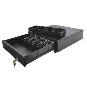 Cash Drawer Size-410(W)X415(D)X103(H) Black Color 4 Or 5 Adjustable Bill Holders 8 Removable Coin Holders Interface : RJ11
