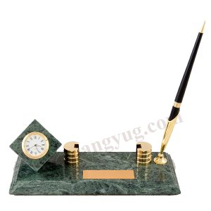Desk Set Marble With Clock On Cube On One Side + Memo Holder W/1 Ball Point Pen