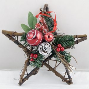 Hanging Christmas Star 10inch, Decorated On Wood Stick Red/Green/White
