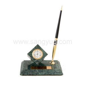 Penstand Marble Base With Clock On Cubic Marble & 1 Ball Point Pen