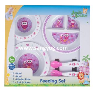 Feeding Set, 2pcs Bowls, 1pc Divided Plate, Fork & Spoon In Window Box, Girl Color, Jungle Buddies (Copy)