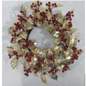40Cm Decorative Wreath Gold Leaf With Red Mini Berry