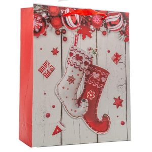 32*26*10Cm Paper Gift Bag For Christmas, Red/White, Tree/Star Design