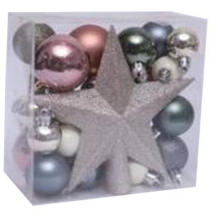 Christmas Ornament Set ,5Cm, 4Cm & 3Cm Balls in Rose Gold, Beige, Champagne Silver & Grey Colors With Tree Top Glitter Star 1Pc