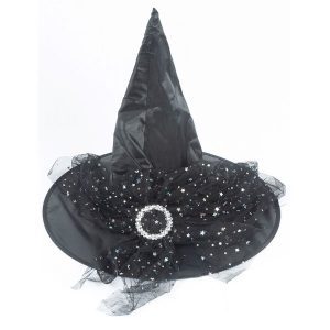 Halloween Witch Hat - Black With Diamante Brooch & Black Net With Moon & Stars