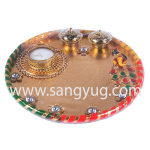 Puja Thali Golden Base With Ganesh, Kankavati & Candle Stand, 20cm
