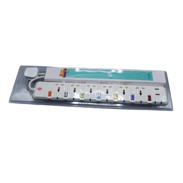 6-Way Extension with Surge Protection, Individual Switches & 2 USB Ports