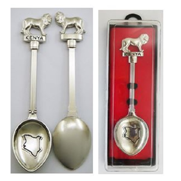 Souvenir Metal Spoon Kenya & Map Engraved With Lion On Top In Individual Transparent Display Box