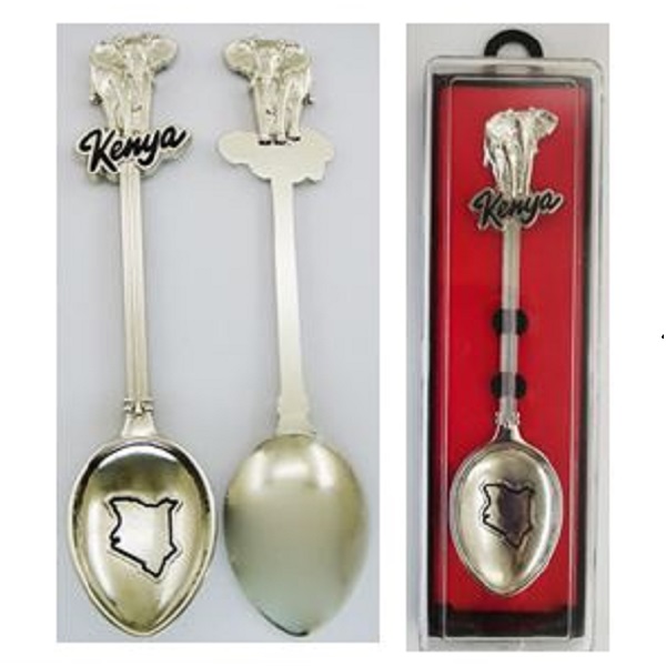 Souvenir Metal Spoon Kenya & Map Engraved With Elaphant On Top In Individual Transparent Display Box