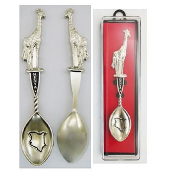Souvenir Metal Spoon Kenya & Map Engraved With Giraffe On Top In Individual Transparent Display Box