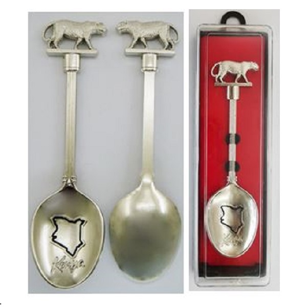 Souvenir Metal Spoon Kenya & Map Engraved With Leoard On Top In Individual Transparent Display Box