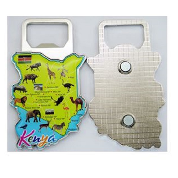 Kenya Map Size Bottle Opener With Magnet Printed Animals & Flag