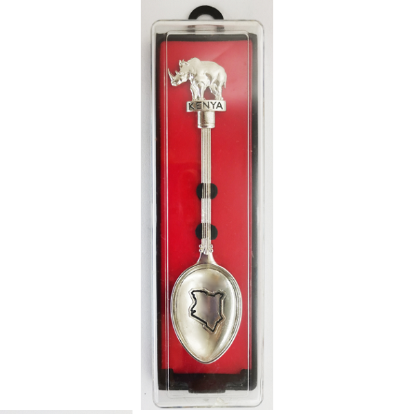 Souvenir Metal Spoon Kenya & Map Engraved With Rhino On Top In Individual Transparent Display Box