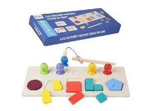 Wooden Log Board Shape Matching Fishing Four In One Game In Color Box