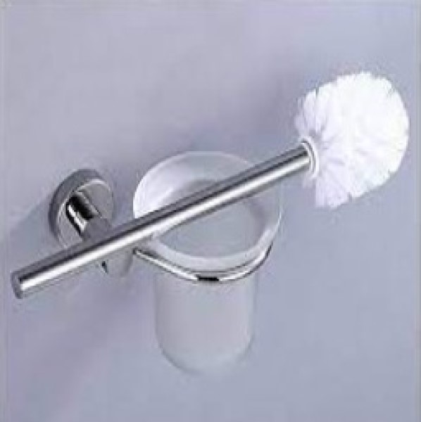 Round Toilet Brush In Silver Color, Glass Holder, With Mounting Screws And Ring