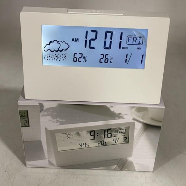 LCD Thermohygrometer Alarm Clock. Rectangular 5X3 Inch, White Luminous