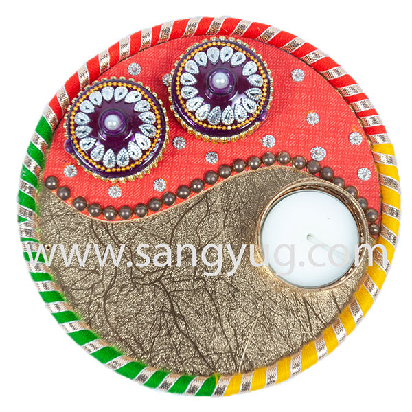 Puja Thali Golden Base With Candle & Kankavati, 15cm