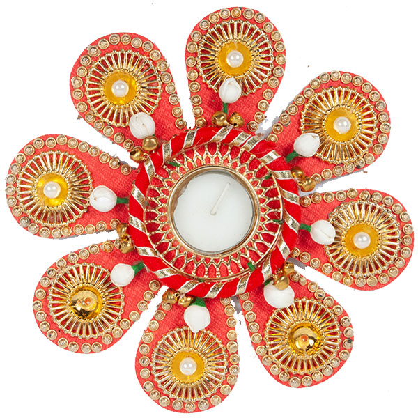 Decorated Rangoli With Wax Candle In Stand In Centre, 20cm