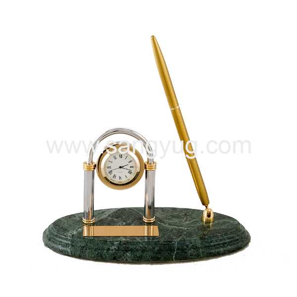 Marble Desk Set With Clock / 1 Metal Pen 9Cm X 20 Cm X 1.8Cm Green