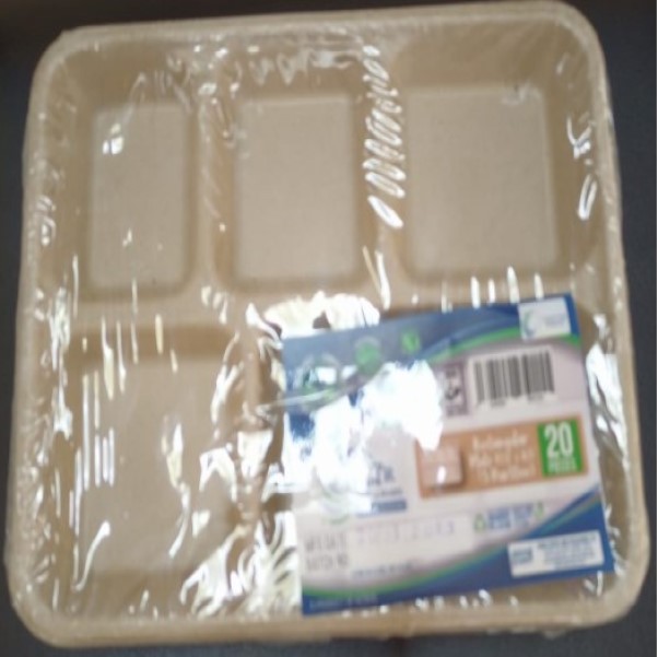 10.5 X 8.5 Inch Disposable Plate With 5 Partitions, Biodegradable, Made Of Sugar Cane Bagasse, Color Light Brown, Pack Of 20