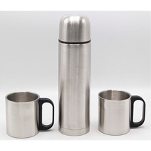 Stainless Steel Flask With Strap 500Ml + 2X280Ml Ss Mug Cup In Gift Box