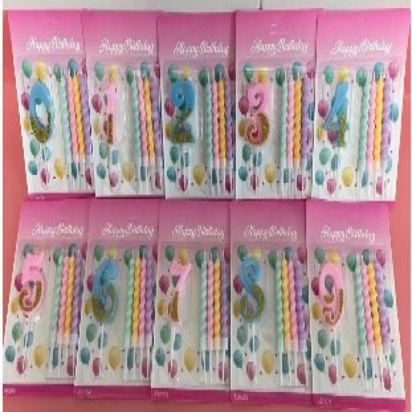 Set Of 1 Number And 4 Curly Candles On Blister Card, Assorted Colors, With Plastic Base