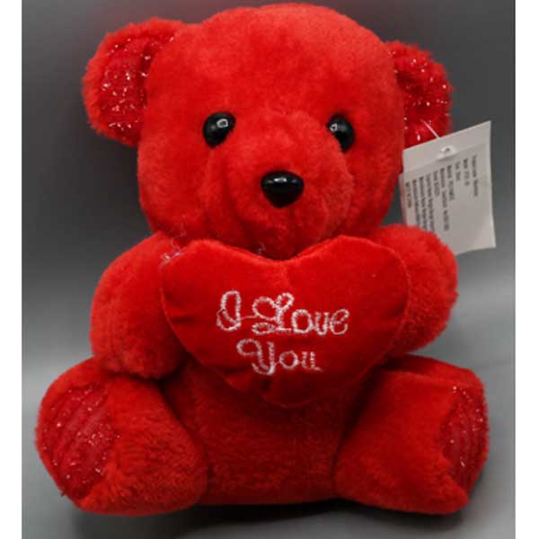 Soft Toy Teddy Bear 20cm Holding Red Heart Written I Love You, With Shiny Legs & Ears, Red / Brown