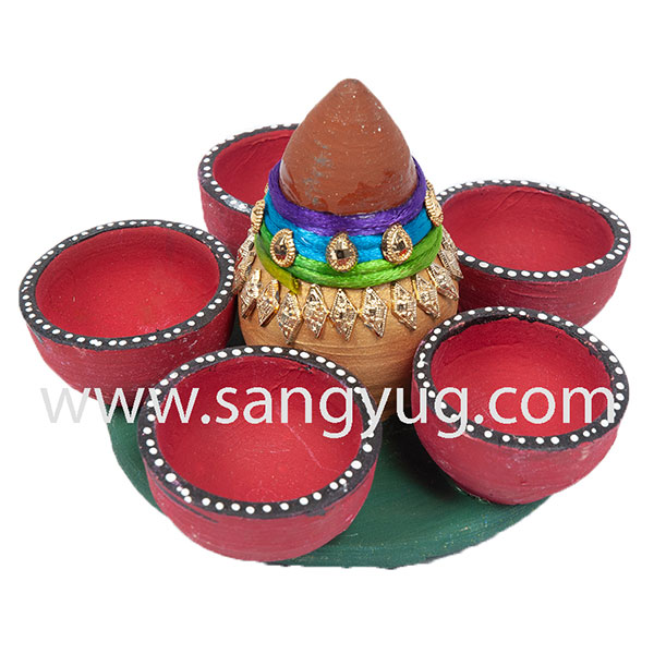 Clay 5 Diwa With Shree On Centre - 12cm X 8cm