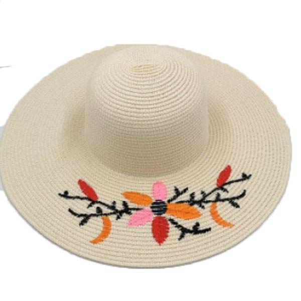Women Hat With Colored Flower Embroided 55% Paper, 45% Polyester, 4 Colors