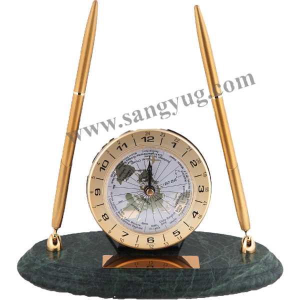 Marble Desk Set With Clock / 2 Metal Pens 9Cm X 20 Cm X 1.8Cm