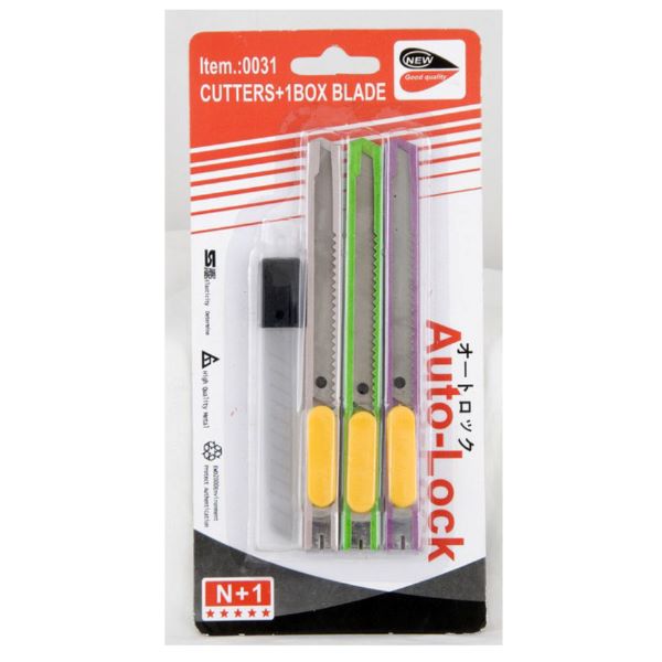 Utility Knife Auto Lock 3Pcs + Blade (10Pcs) Box On Blister Pack