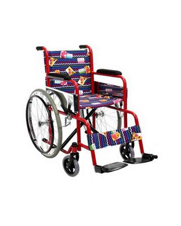 Steel Manual Wheelchair, Red Powder Coated Frame, Fixed Armrest And Legrest, 6inchPvc Castor, 22inch Solid Spoke Wheel, Seat Width 35Cm