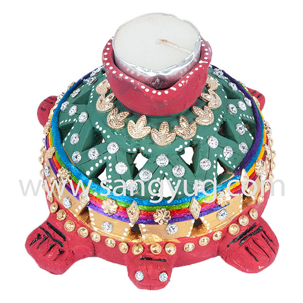 Clay Turtle With Candle Stand On Top Decorated - 9cm