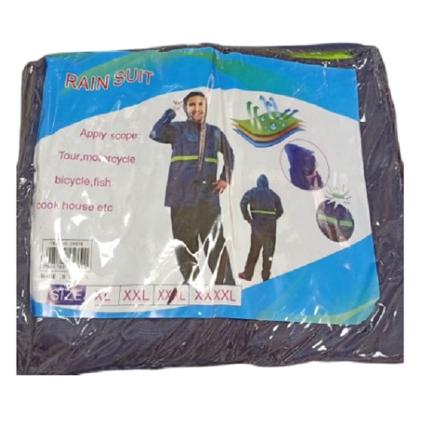 Rain Suit, Trouser & Jacket With Hood, W/o Pocket, XXXL, Navy Blue With Green Reflective Strip