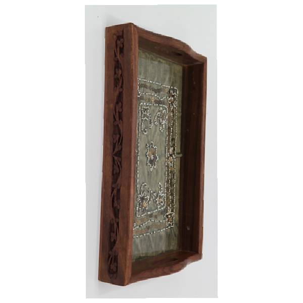 Wooden Carved Gift Trays Decorated Silk Material Medium Size With Glass Base Inside, 300X200mm
