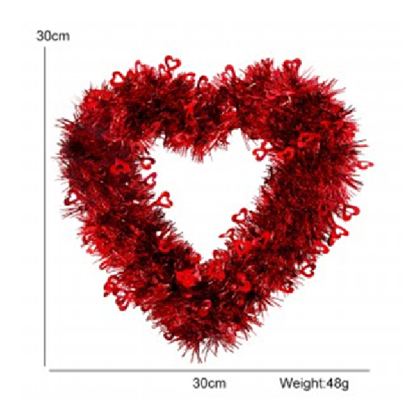 30*30Cm Valentines Red Heart Shape Tinsel Wreath