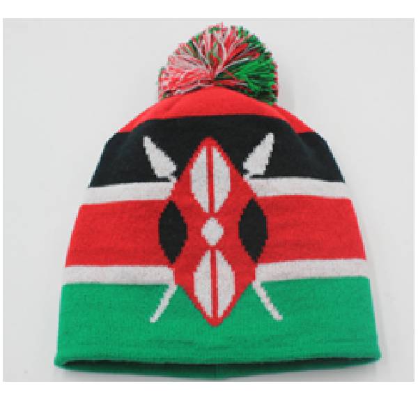 Beanie Cap, 100% Acrylic, Kenya Flag Color With Shield