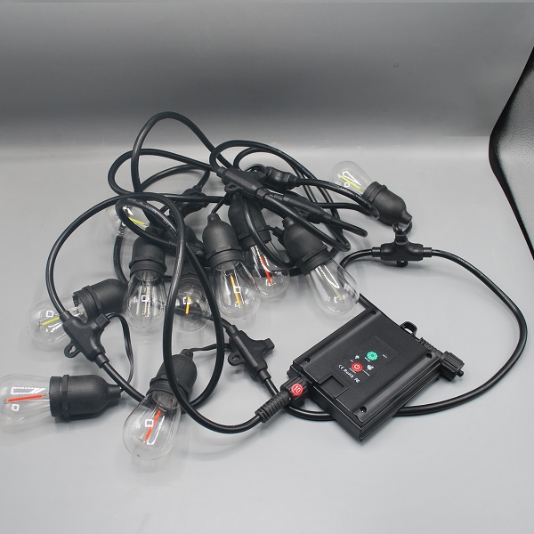 S14 Solar Powered LED Filament Warm White Bulb On Black Cable, 10 Bulbs With Controller
