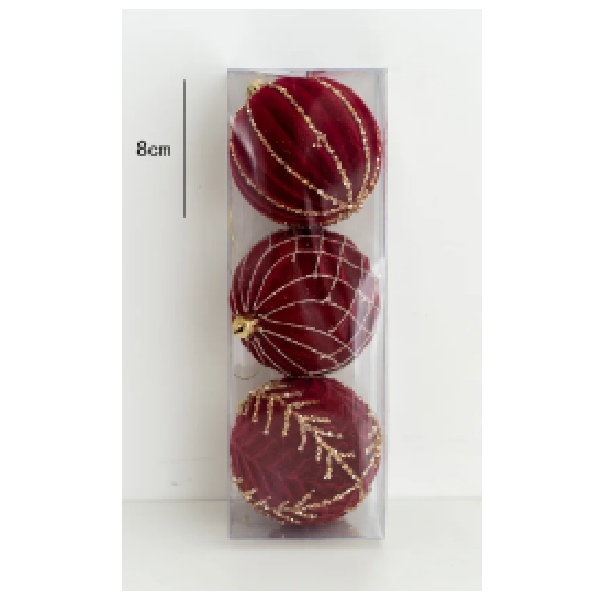 8cm Painter Bright Red Flocked Plastic Christmas Ball