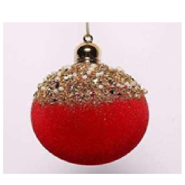 8cm Painted Red Flocked Plastic Christmas Ball, With Gold Glitter Design On Top