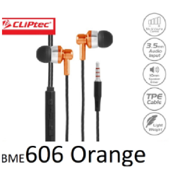 Cliptec Multimedia In-Ear Earphone With Mic & Volume Control (Fiesta-Wave)-Orange