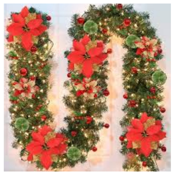 30*200cm Christmas Garland W/Big Christmas Flower, Apple & Berry Decorated