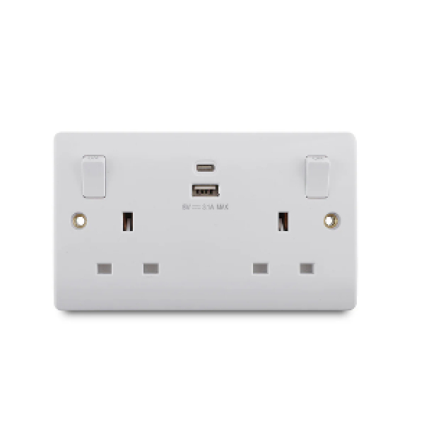 Double Universal Wall Switched Socket With USB & Type C Charging