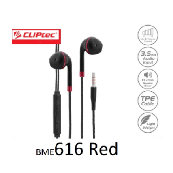 Cliptec Fiesta-Sonic Multimedia Earphone With Microphone And Controller(Red)
