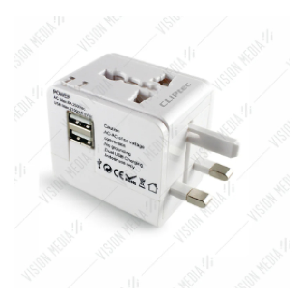 Universal Travelling Plug Adaptor With 2 Usb Ports Cliptec
