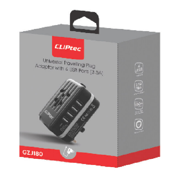 Cliptec Universal Travelling Plug Adaptor With 4 Usb Ports(3.5A)-Silver