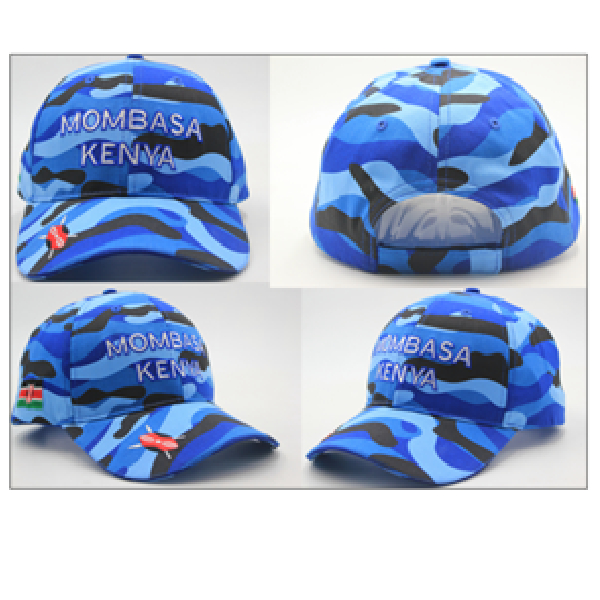 Cap Mombasa Kenya, Embroidered, Camouflage Blue With Kenya Flag On Side & Shield In Front