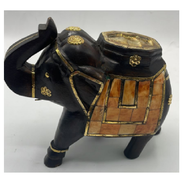 Wooden Elephant With Brass/Copper Decorated Small Size - (HXW) 200X210mm